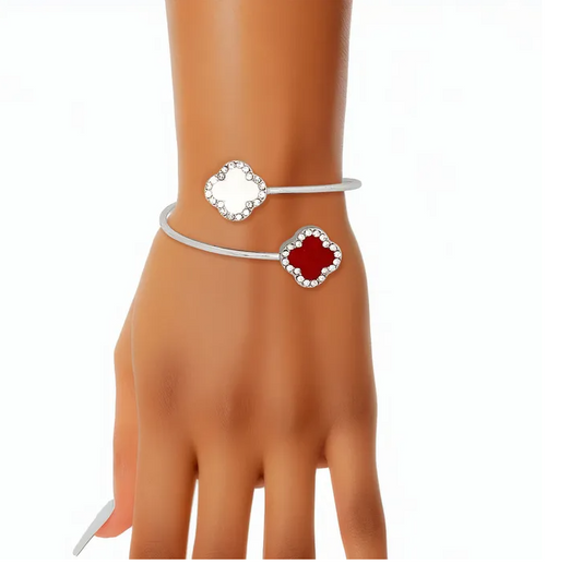 DST Sorority Red White Stone Clover Open Bangle