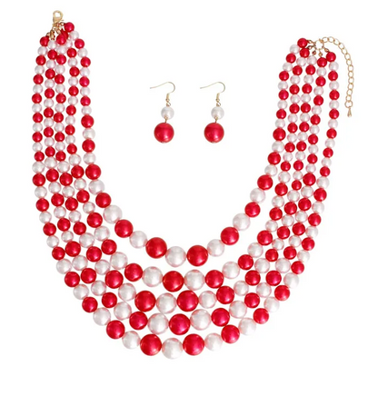 Red and White Pearl 5 Strand DST Necklace Set|18 inches