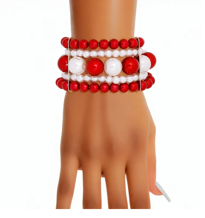 DST Bracelet Red White Stacked Pearls for Women