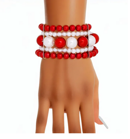 DST Bracelet Red White Stacked Pearls for Women
