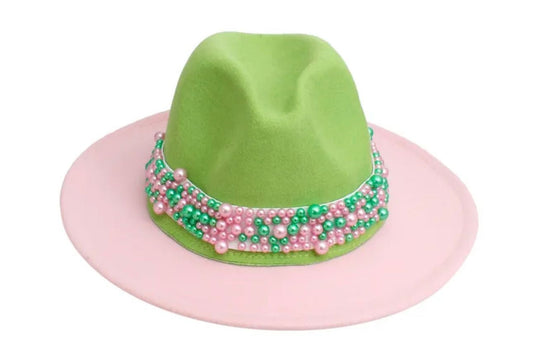 Pink Green Fedora Pearl Hat for Women
