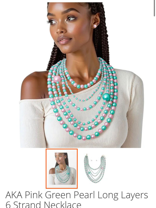 Pink Green Pearl Long Layers 6 Strand Necklace