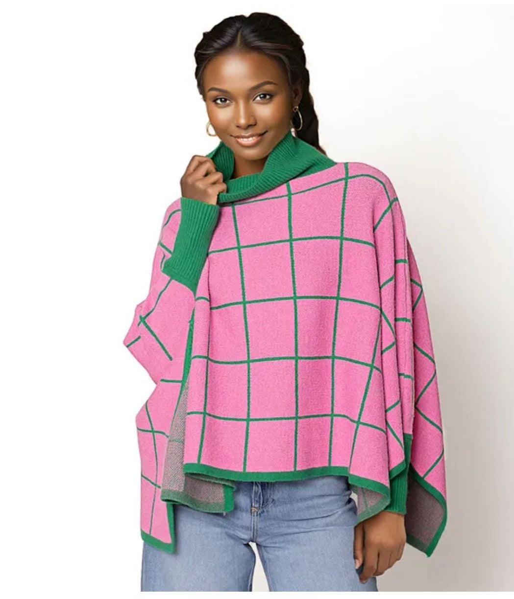 Pink Green Plaid Knit Poncho for Women