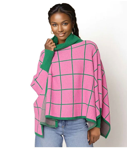 Pink Green Plaid Knit Poncho for Women