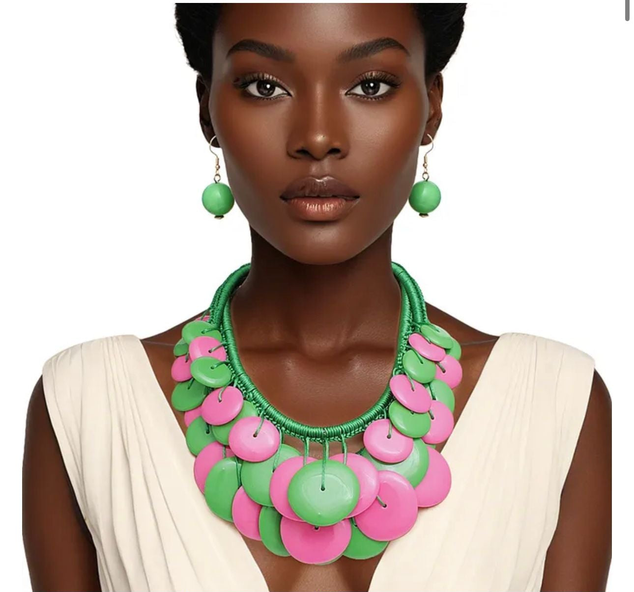 Pink Green Plaid Long Cord Disc Necklace Set