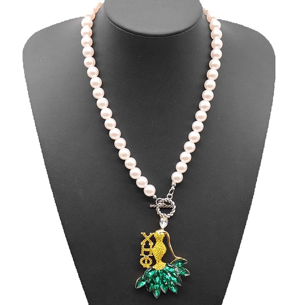 Fashionable Green and Yellow Bling Stone Inlaid Gorgeous Lady Pendant and Pearl Making Greek XHO Chi Eta Phi Choker Necklace