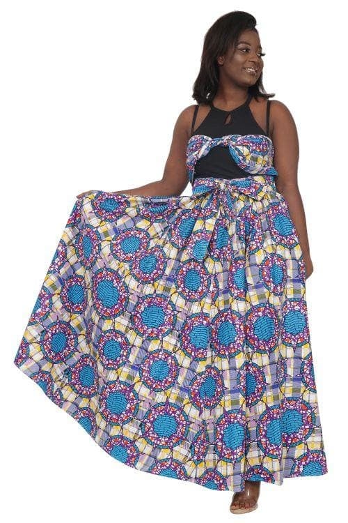 Plaid African Print Long Maxi Skirt Elastic Waist
