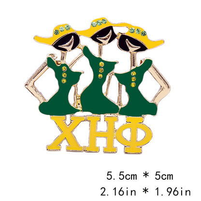 Greek XHO 1932 Fellowship Design Green and Yellow Tone Enameled Chi Eta Phi Gorgeous Lady Symbol Brooch Pin for Medical Sorority
