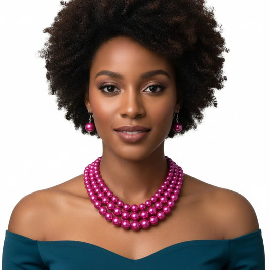 Fuschia Multi Strand Pearl Necklace Set
