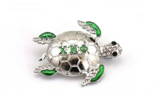 XHO Chi Eta Phi Green/Silver/ Gold Tortoise Brooch Rhinestone