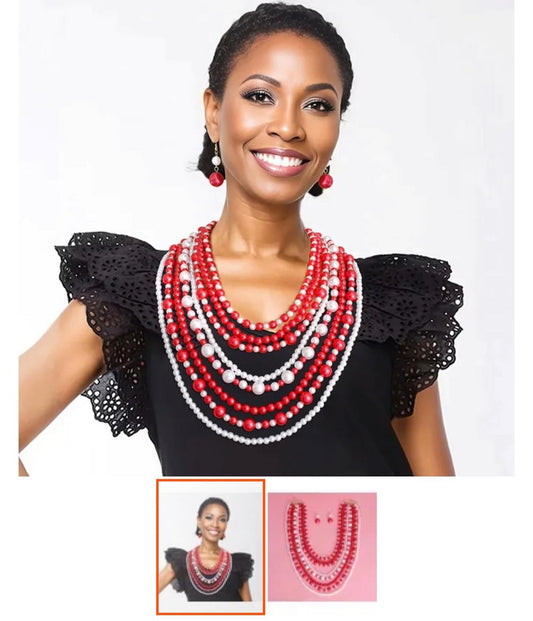 Red And White Pearl Necklace Set for Women