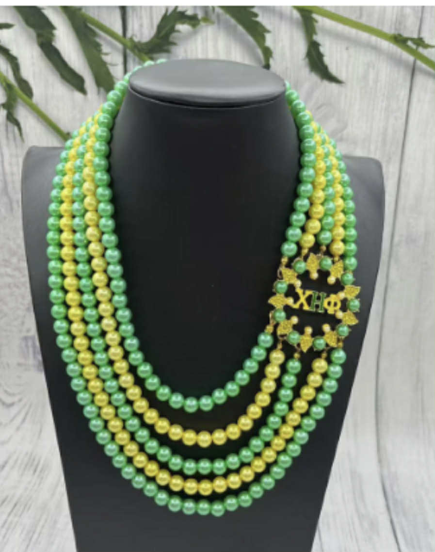 CHI ETA PHI Yellow Green Pearl 5 Layer Necklace