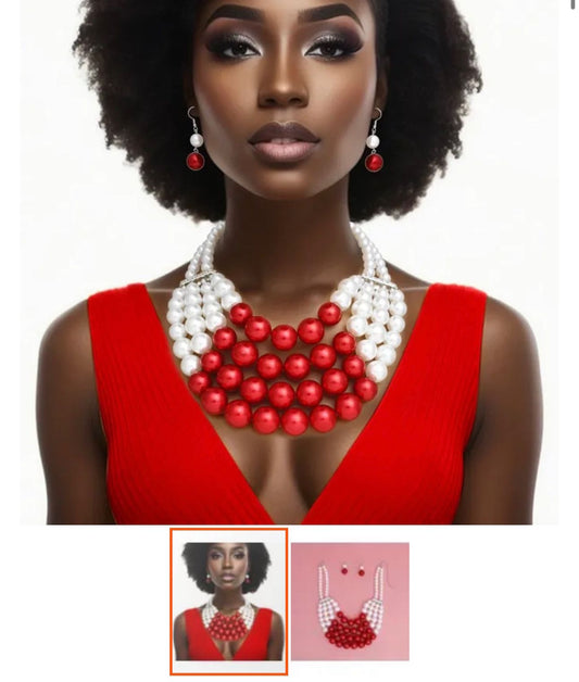 Red And White Pearl Necklace Set for Women
