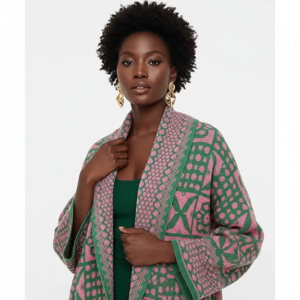 Tile Print Knit Pink Green Cardigan