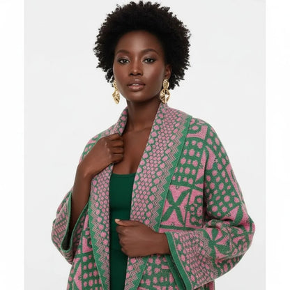 Tile Print Knit Pink Green Cardigan