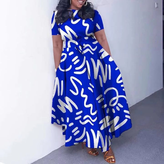 Graffiti Printed Maxi Dress Blue Base-White  Graffiti-Finer Woman