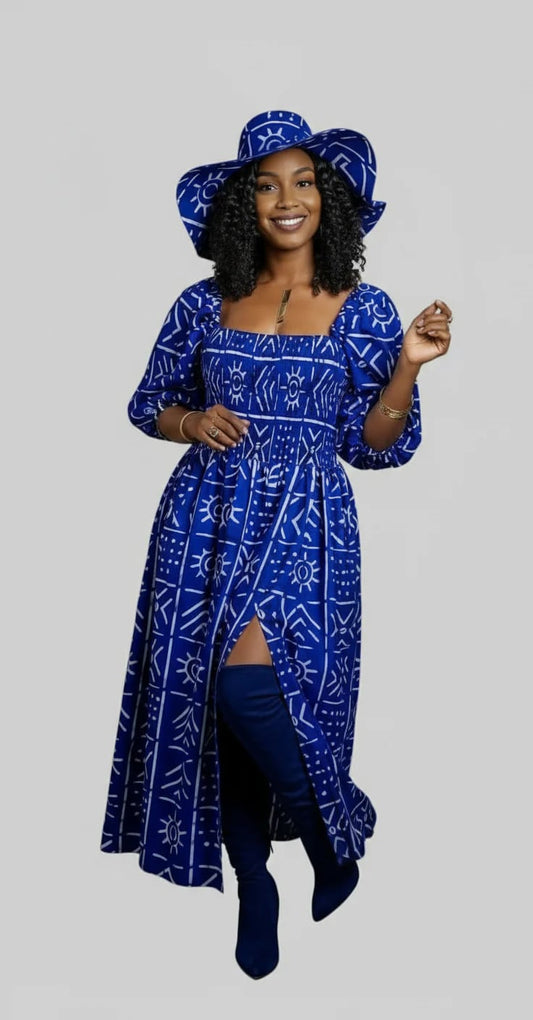 Maxi Slit Dress with Hat & Scarf Set Blue and White