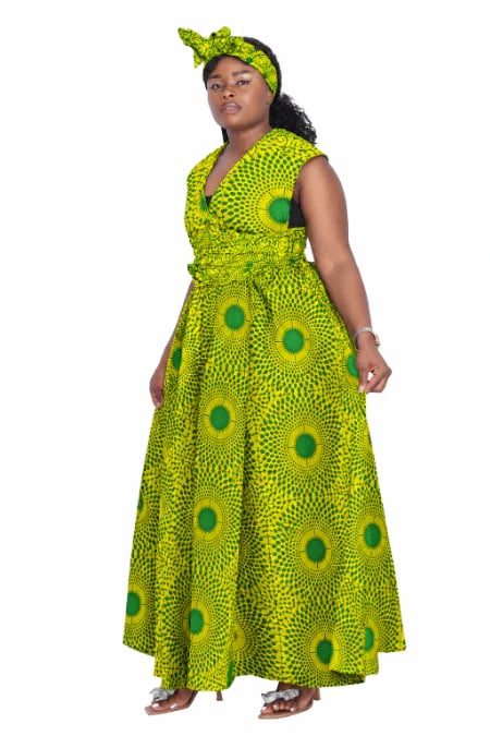 Infinite Ways Convertible Max Skirti Dress – 100% Cotton African Wax Print Dress in Yellow & Green