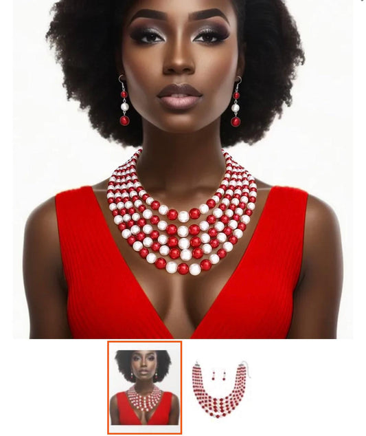 Red And White Pearl Necklace Set for Women