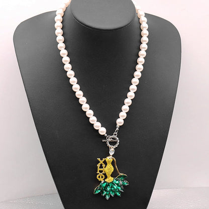 Fashionable Green and Yellow Bling Stone Inlaid Gorgeous Lady Pendant and Pearl Making Greek XHO Chi Eta Phi Choker Necklace