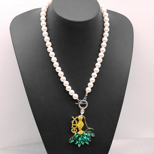 Fashionable Green and Yellow Bling Stone Inlaid Gorgeous Lady Pendant and Pearl Making Greek XHO Chi Eta Phi Choker Necklace