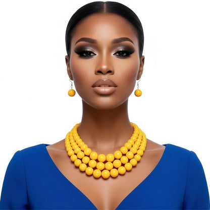 Bead Necklace Yellow /Gold -Mustard 3 Layer Set for Women
