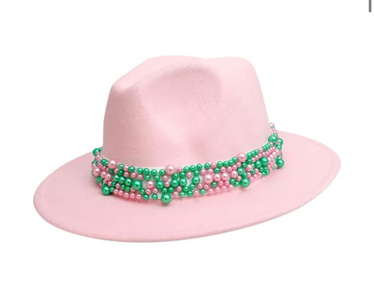 Pink Green Fedora Pearl Hat for Women