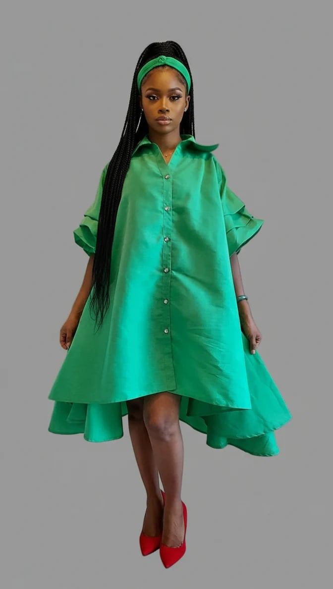 Swing Dress/ Faux Silk/ Ruffle Sleeve Belt Not included