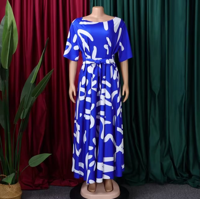 Graffiti Printed Maxi Dress Blue Base-White  Graffiti-Finer Woman