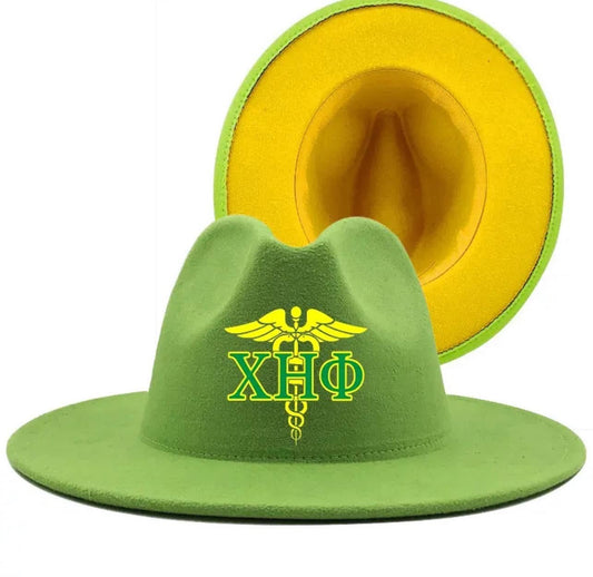 Chi Eta Phi Pearls Fedoras Lime Greek Sorority XHP Letter Logo Women Green Yellow Wool Felt Hats Ladies Wide cowboy Hat