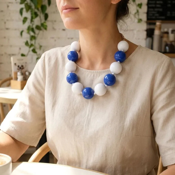 Mod Style Two Tone Blue White Chunky Bead Necklace