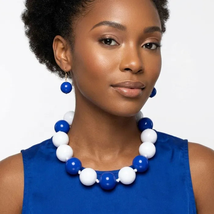 Mod Style Two Tone Blue White Chunky Bead Necklace