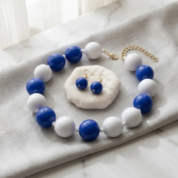 Mod Style Two Tone Blue White Chunky Bead Necklace