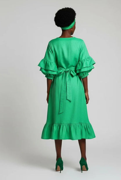 Faux Silk Wrap Dress / Mid Length  Green