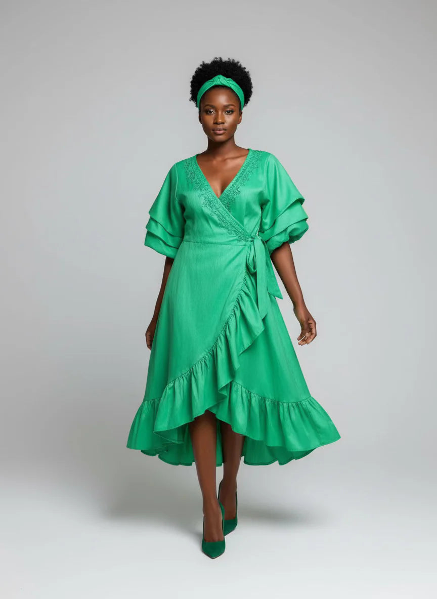Faux Silk Wrap Dress / Mid Length  Green