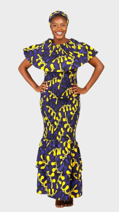 Smock Fit & Flare Skirt & Blouse Set-Blue