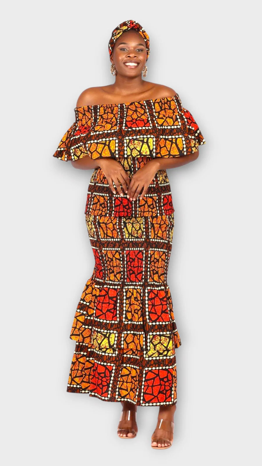 Smocked Fitted & Flare Skirt & Blouse Set-DRS019