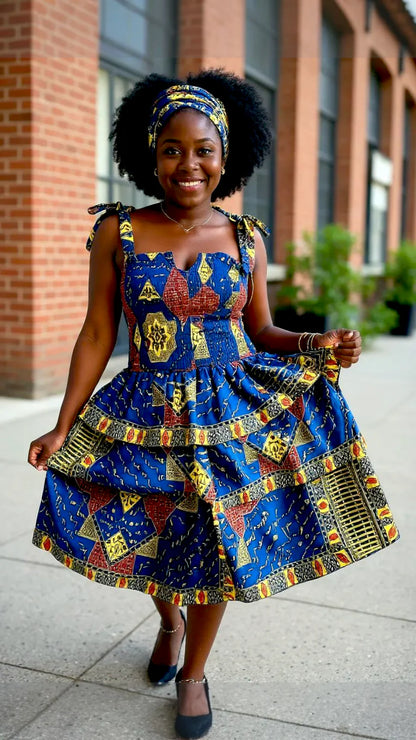 Flounce Dress/Shoulder Straps /African Anarka Print