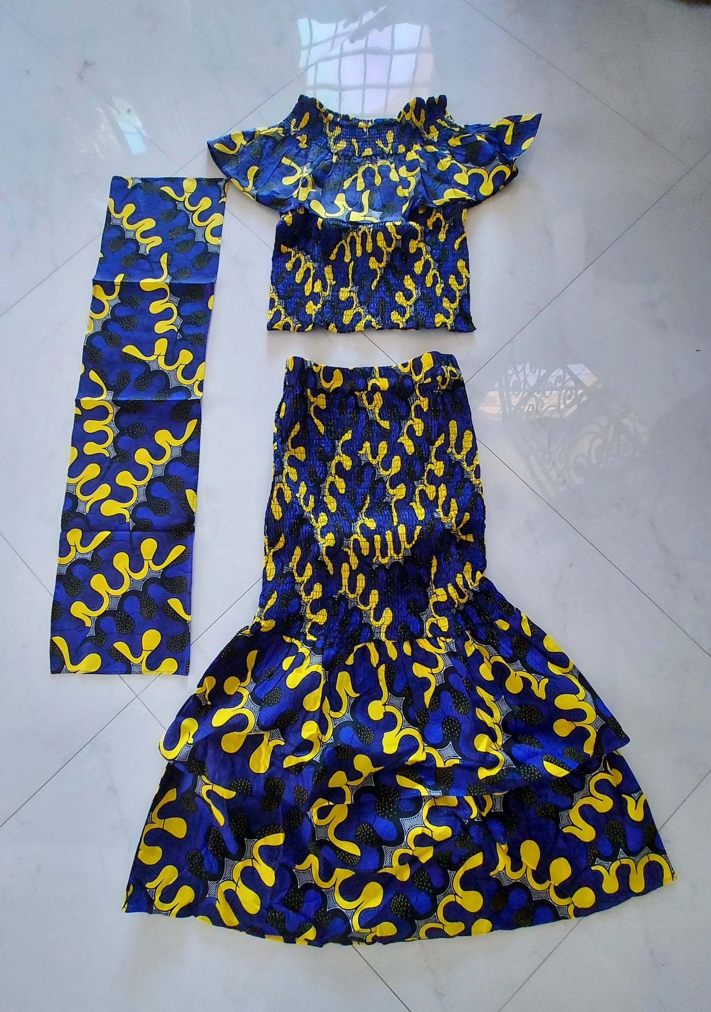 Smock Fit & Flare Skirt & Blouse Set-Blue