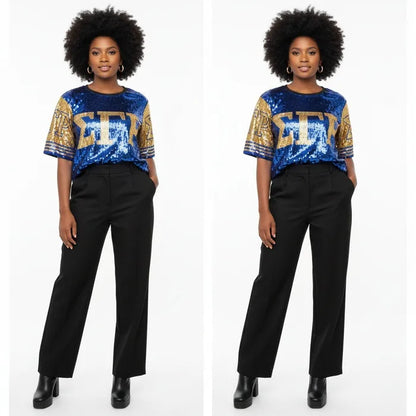 SGRHO Sorority Blue and Gold Sequin Jersey Shirt