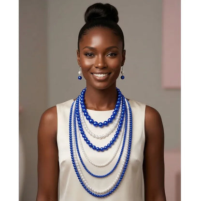 ZPB Sorority Blue White Pearl Long 7 Row Necklace