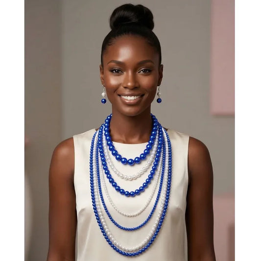 ZPB Sorority Blue White Pearl Long 7 Row Necklace