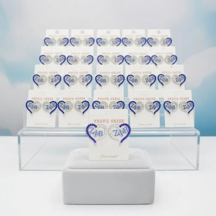 ZPB Sorority Heart Blue Clear Bling Stud Earrings