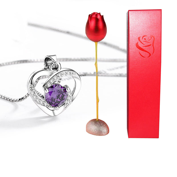 Valentines Day Gift Heart Shaped Blue Purple Crystal Diamond Pendant Rose Head Necklace