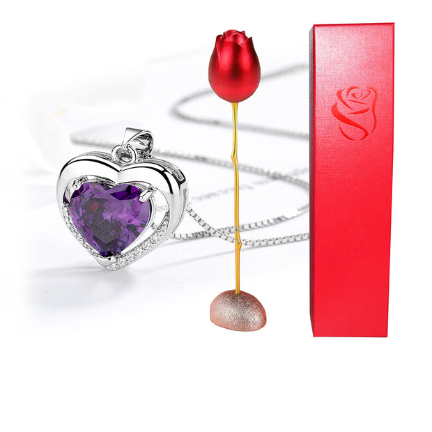 Valentines Day Gift Heart Shaped Blue Purple Crystal Diamond Pendant Rose Head Necklace