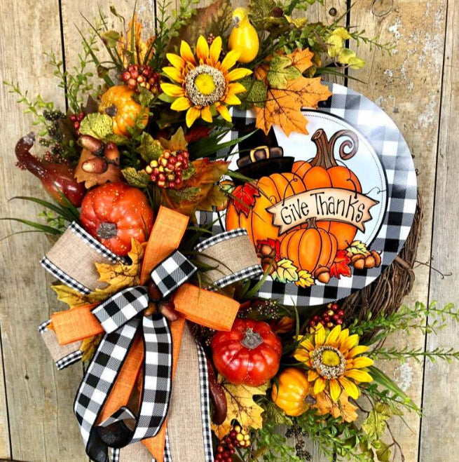 Wooden Sign Decoration Thanksgiving Day Sunflower Autumn Pumpkin Wreath