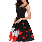 Valentines Day Temperament Stitching Heart Shaped Print Swing Dress