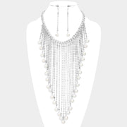 Pearl Accented Rhinestone Fringe Drop Evening Necklace