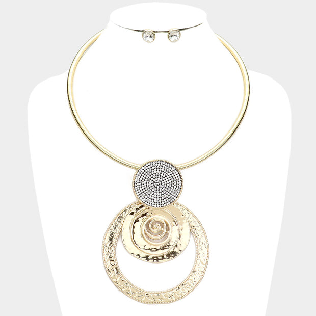Mama Jojo Rhinestone Embellished Swirl Metal Detail Open Circle Layered Pendant Necklace