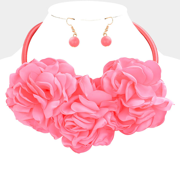 Pink Triple Fabric Flower Necklace